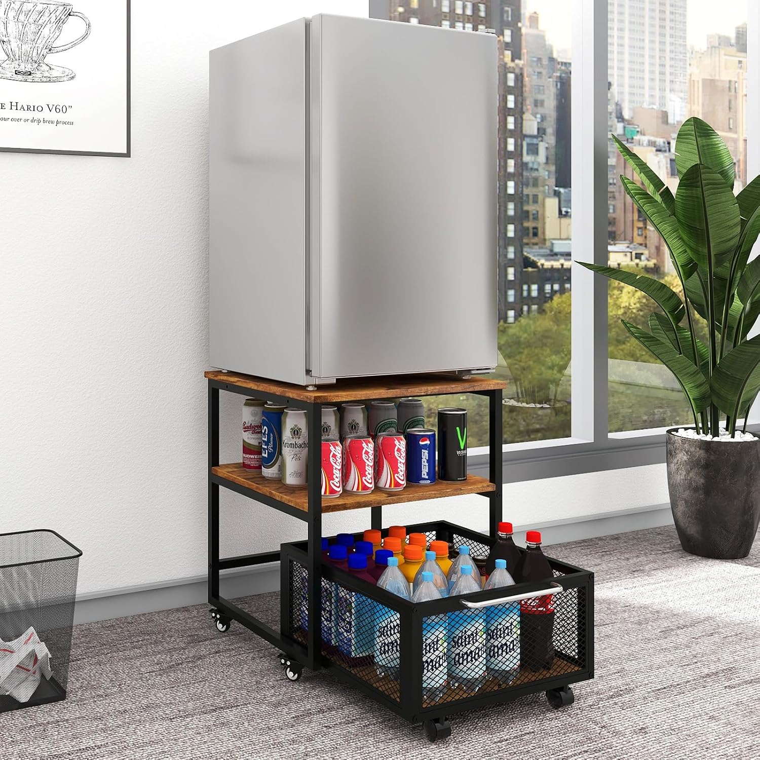 PUNCIA 19.7"x19.7" Mini Fridge Stand 3-Tier Beverage Fridge Table, Retro | 220 LB Capacity Beverage Refrigerator Table, Heavy Duty Rolling Organizer with Drawers for Dorm Apartment Office Bedroom