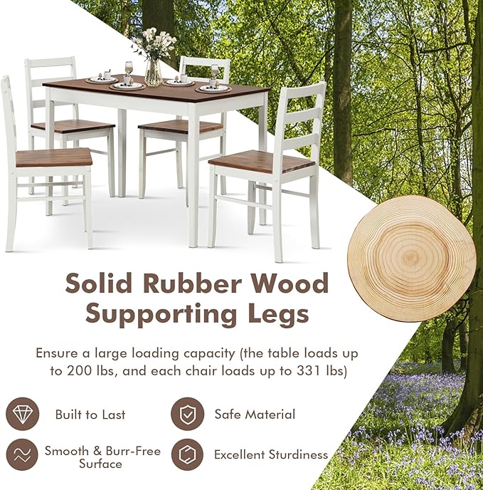COSTWAY Dining Table Set for 4, Wood Kitchen Table Chairs Set with Rubber Wood Legs, Space-Saving Design, Modern 5-Piece Dinette Set for Small Place, Kitchen, Dining Room, Restaurant, Brown