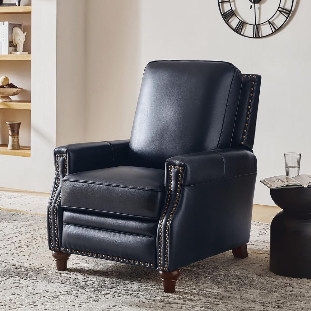 HULALA HOME Genuine Leather Manual Recliners Set of 2 with Wood Legs, Navy | ...