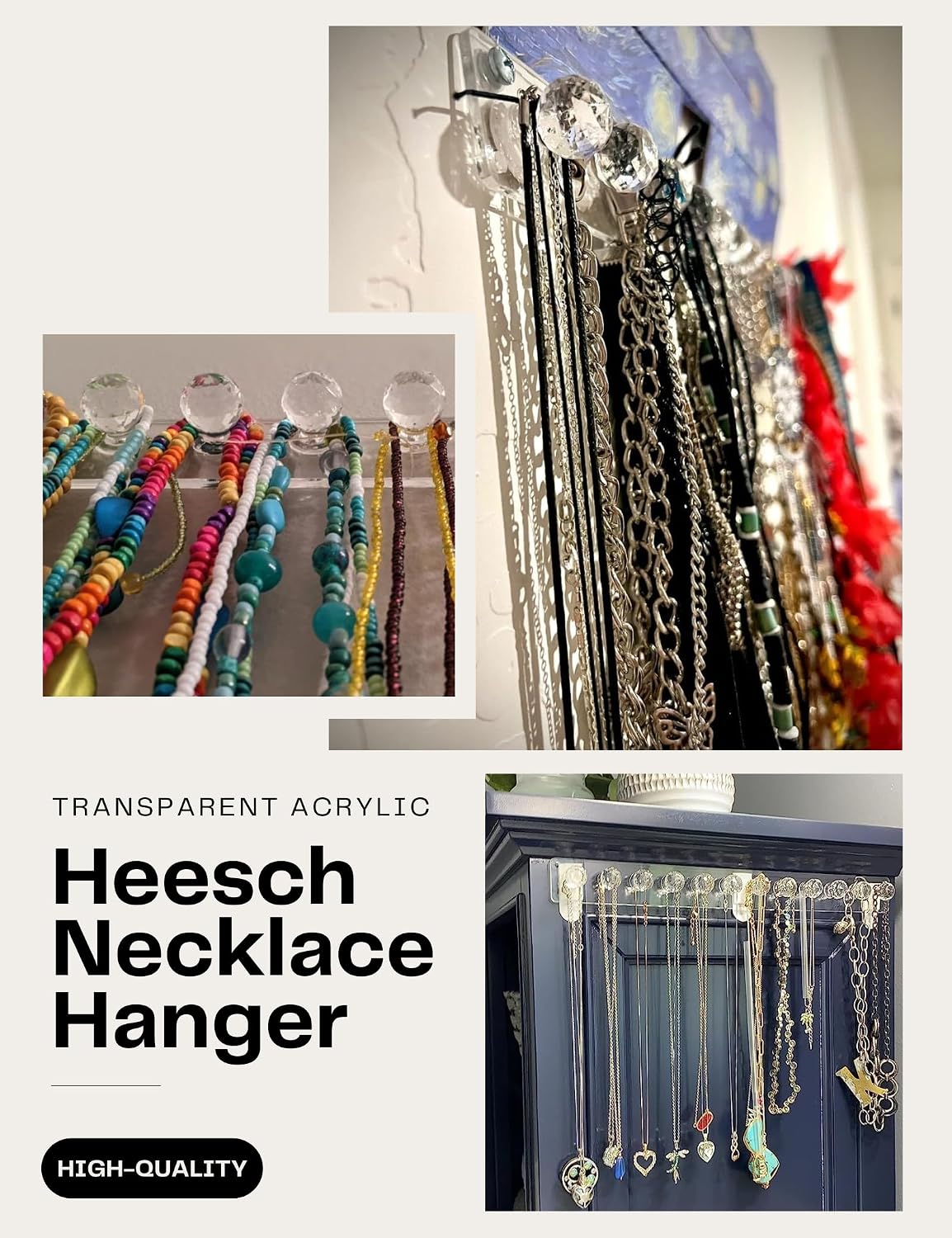 Heesch Necklace Hanger, Acrylic Necklace Holder, Necklace Organizer Wall Mount, Jewelry Hooks for Necklaces, Bracelets, Chains (4-pack Clear Short)