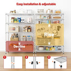 REIBII 72.8" Wire Shelving with Wheels,5 Tier 1653LBS Heavy Duty Shelves | Chrome rolling rack, 331 lbs/shelf, 5-tier, lockable wheels, rust-proof, adjustable height, tool-free, garage, kitchen