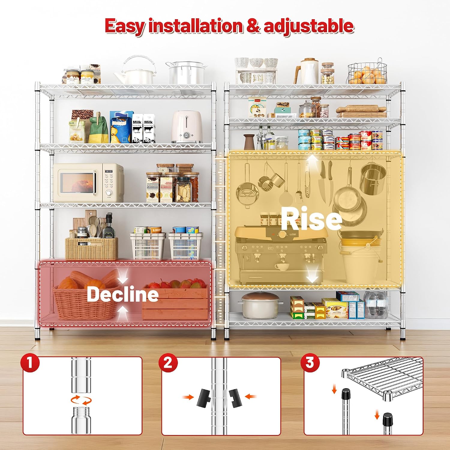 REIBII 72.8" Wire Shelving with Wheels,5 Tier 1653LBS Heavy Duty Shelves | Chrome rolling rack, 331 lbs/shelf, 5-tier, lockable wheels, rust-proof, adjustable height, tool-free, garage, kitchen