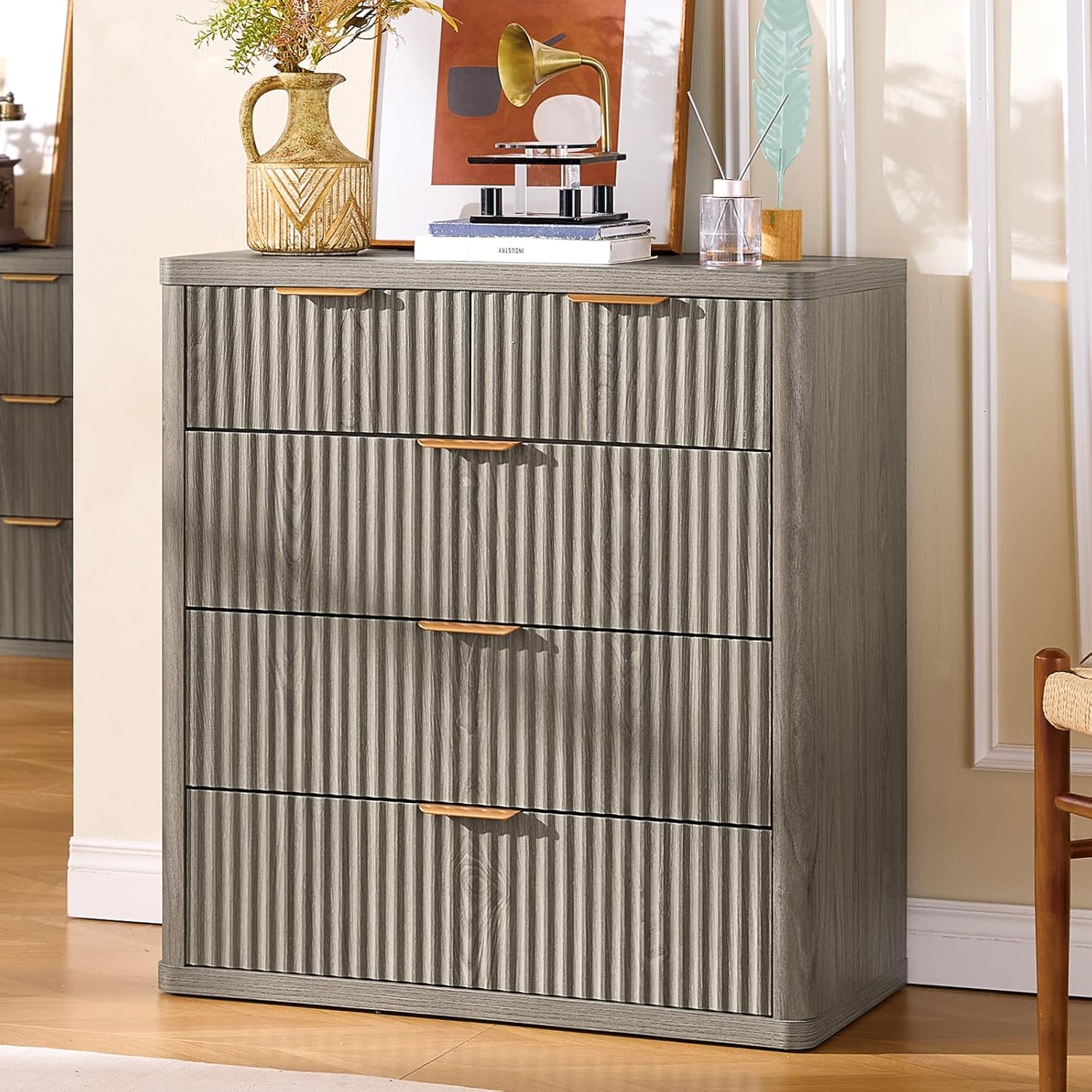 LEYAOYAO Fluted 5 Drawers Dresser for Bedroom Set of 2, 34" Tall Modern Chest of Drawers with Metal Handle, Curved Profile Design,Grey Wood Drawer Organizer for Bedroom, Living Room, Hallway