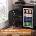 GDLF Coffee Bar Cabinet with Fridge Space, Mini Fridge Stand,Black | Compact Refrigerator Stand, Large Drawer & Cabinet, Black Finish with Warm Brown Top for Kitchen, Office, Dorm & Snack Bar