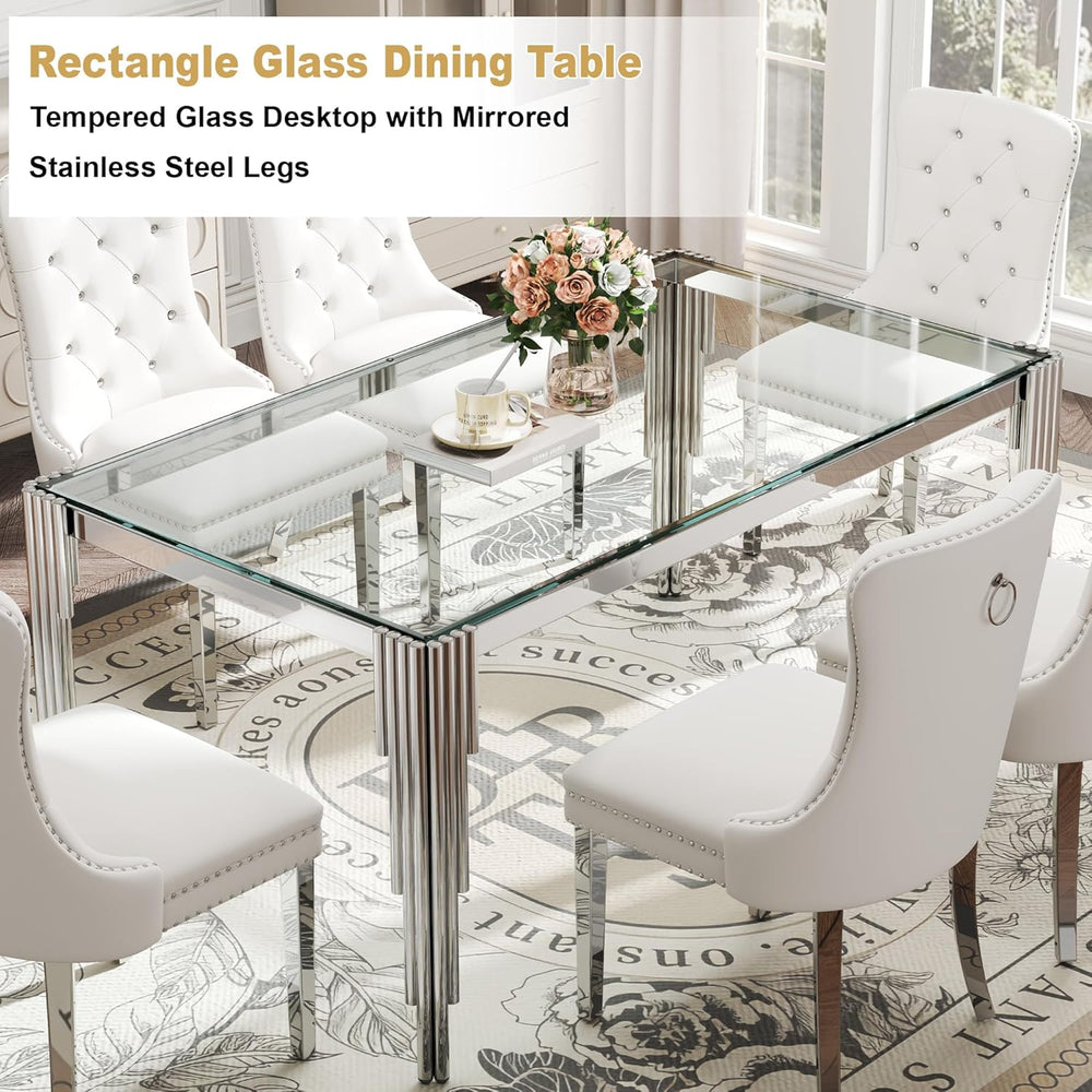 Modern Rectangle Glass Dining Table, 65" Clear Tempered Glass Desktop wi...