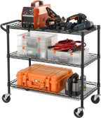 Finnhomy 3 Tier Heavy Duty Commercial Grade Utility Cart, Wire Rolling Cart with Handle Bar, Steel Service Cart with Wheels, Kitchen Carts on Wheels, Metal Cart Shelf Size 18" D x 36" W, NSF, Black