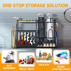PLKOW Sports Equipment Organizer Rack, Garage Ball Rack, 2 Golf Bag Storage and Sports Gear Organizer for Garage