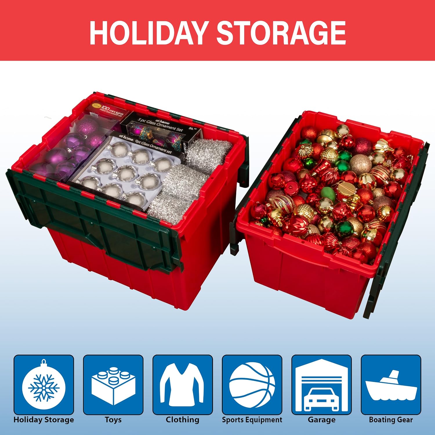 Akro-Mils KeepBox 12 Gallon Storage Container, Nesting and Stackable Plastic Storage Box with Lid Attached, Organizer Tote for Garages, Closets, and Moving, 21-1/2" x 15" x 12-1/2", Red/Green, 6-Pack