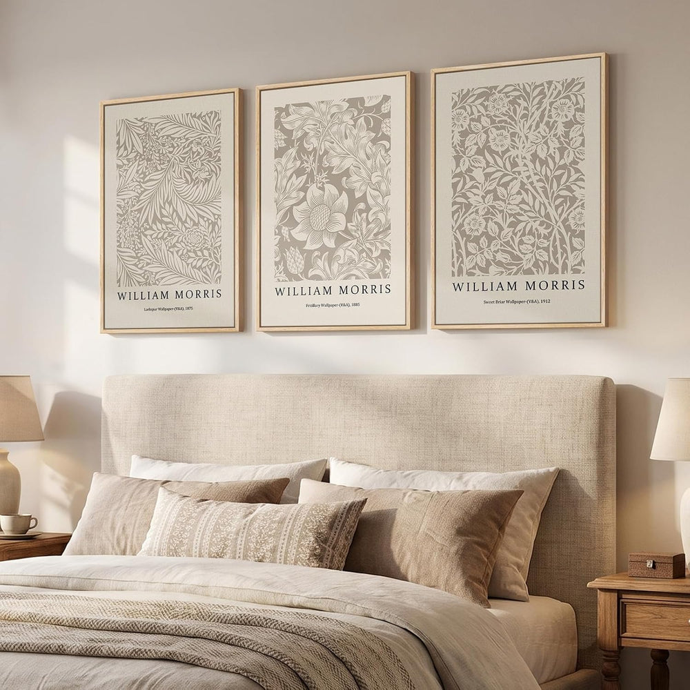 Large Framed William Morris Neutral Floral Wall Art for Living Room, 3 Pcs