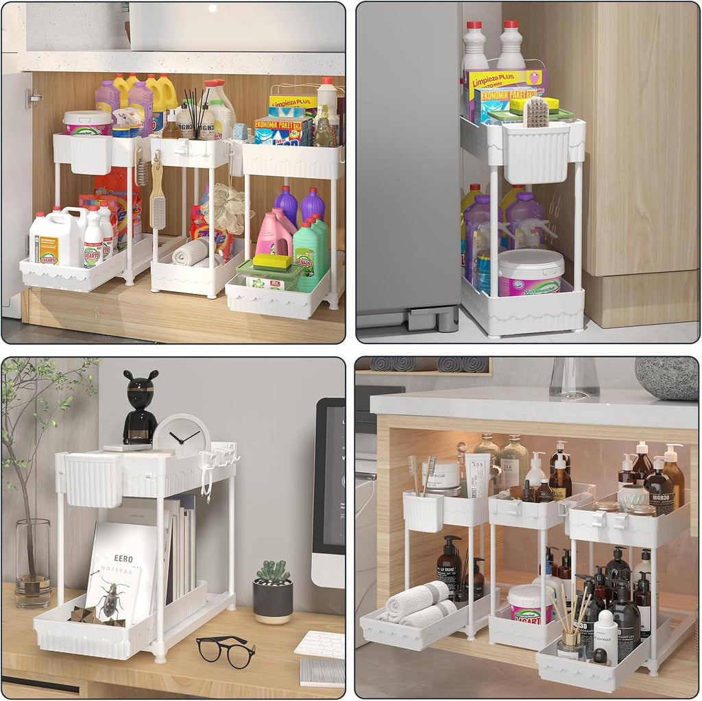 3 Pack Under Sink Organizers, 2-Tier Multi-Use Kitchen and Bathroom Organizers and Storage with Sliding Drawers，Bathroom Cabinet Organizer (White, 12.8 Inch)
