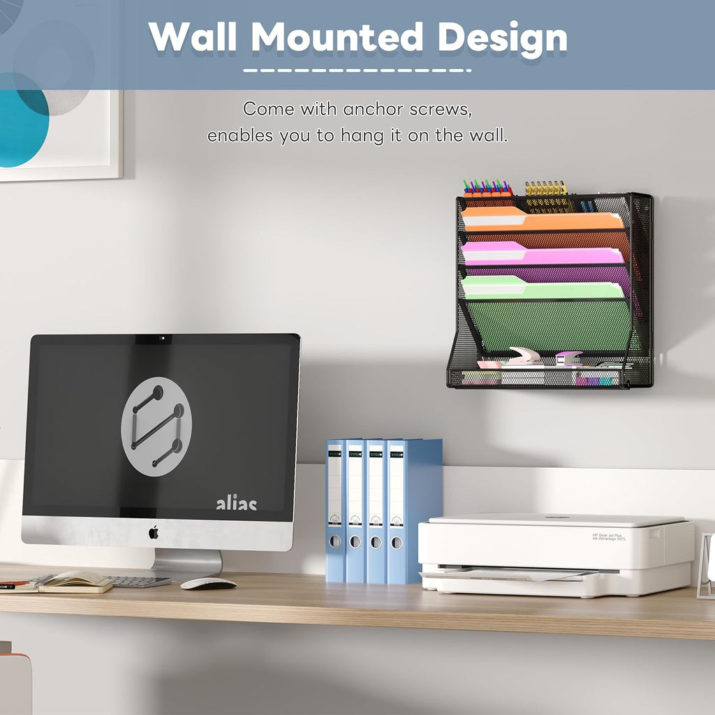 File Organizer Wall Mounted 5 Tiers, Durable Adjustable Metal Vertical Hanging, Stable R-Shaped Bottom 4 Pull-Out Deviders to Sort File,Mail,Newspaper,Pen, Suitable for Office,Black