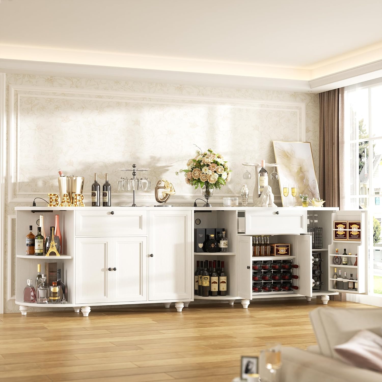 55" White Freestanding Coffee Bar Cabinet with Charging Station, Wine Rack, Drawer, Modern Liquor Wine Cabinet Home Mini Bar Sideboard Buffet Cabinet for Kitchen Dining Living Room Small Space