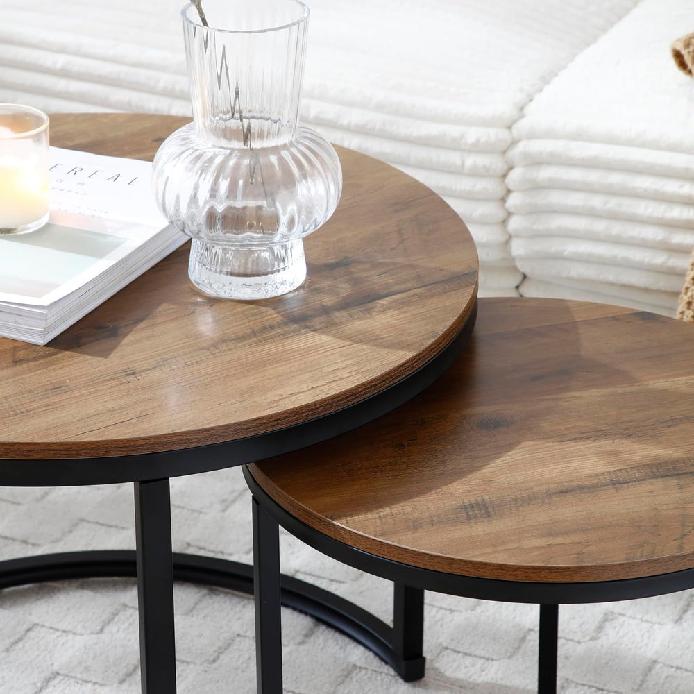 Nesting Coffee Table, Round Coffee Tables with Walnut Top and Black Metal Fra...