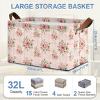 Vintage Pink Rose Storage Baskets,Foldable Large Capacity Organizer Bins with Waterproof Lining and Leather Handles for Closet,Shelf,Bedroom 17x11.5x10Inch