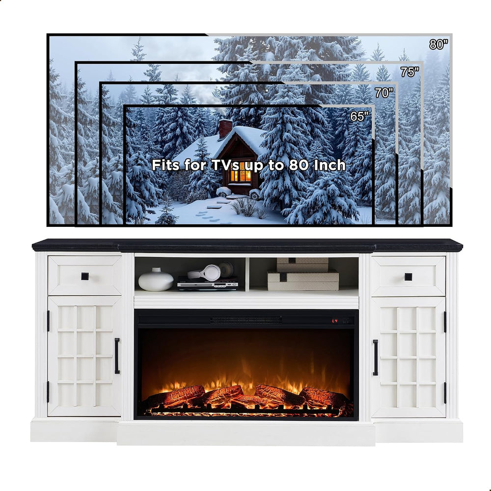 JXQTLINGMU Farmhouse 70" Fireplace TV Stand for 80" TV, Off White |...