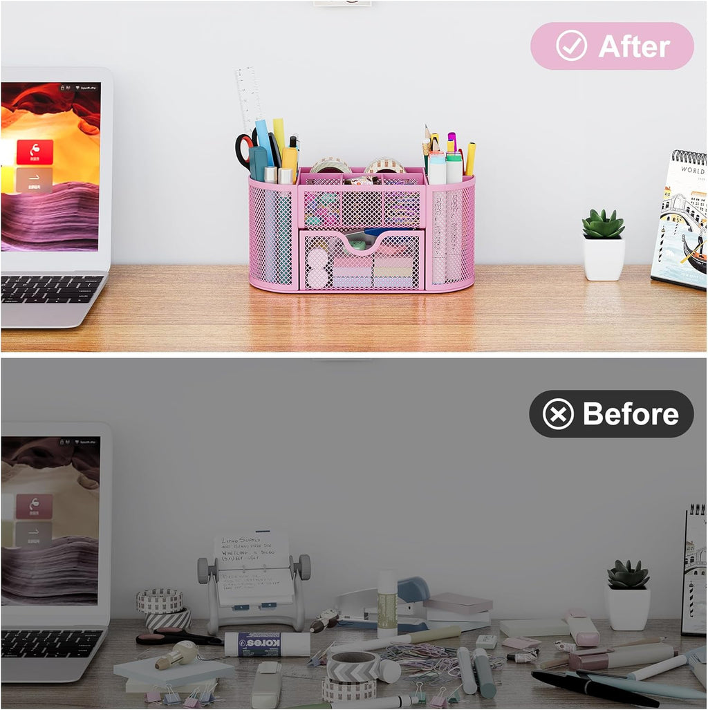 EasyPAG Mesh Pen Holder Desk Organizer with Drawer Stationery Supplies Organizer for Dorm School 9 Compartments Workspace Desk Accessories Organization for Office, Light Pink