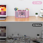EasyPAG Mesh Pen Holder Desk Organizer with Drawer Stationery Supplies Organizer for Dorm School 9 Compartments Workspace Desk Accessories Organization for Office, Light Pink