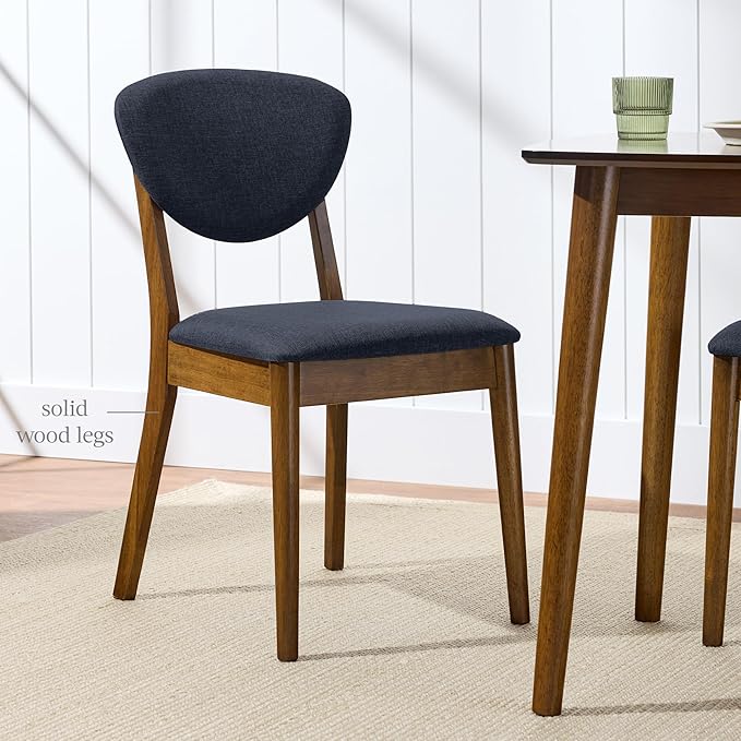 Best Choice Products Dining Chairs Set of 2, Mid-Century Modern Upholstered Wood, Armless w/Seat Cushion, Padded Backrest - Walnut/Navy Blue