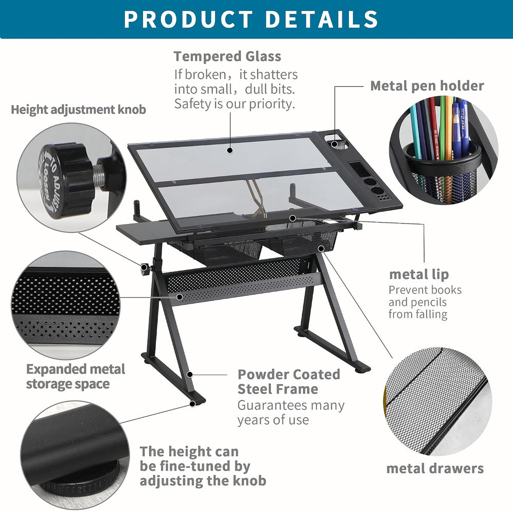RIGO Drafting Table, 0°-70° Adjustable Tempered Glass Top Height Adjustable A...