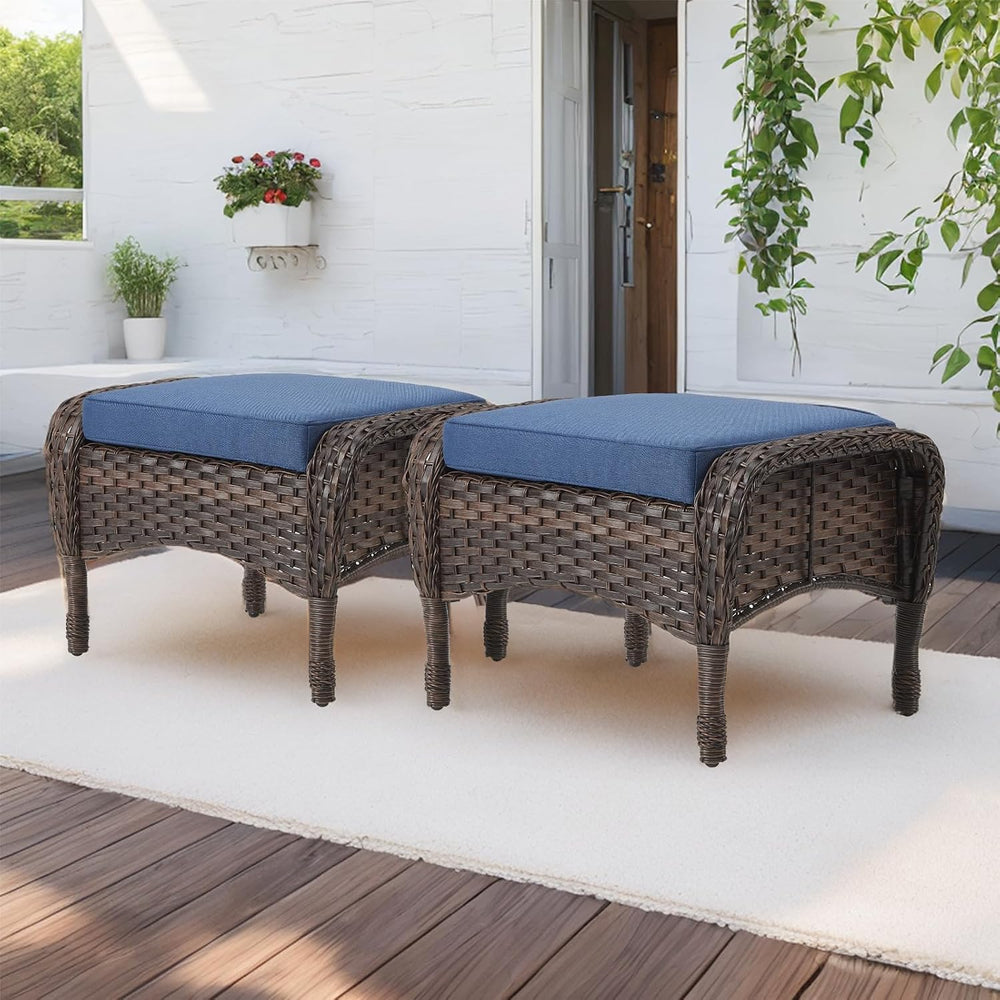 HUMMUH Outdoor Ottoman-Patio Rattan Footstool with Cushions Blue