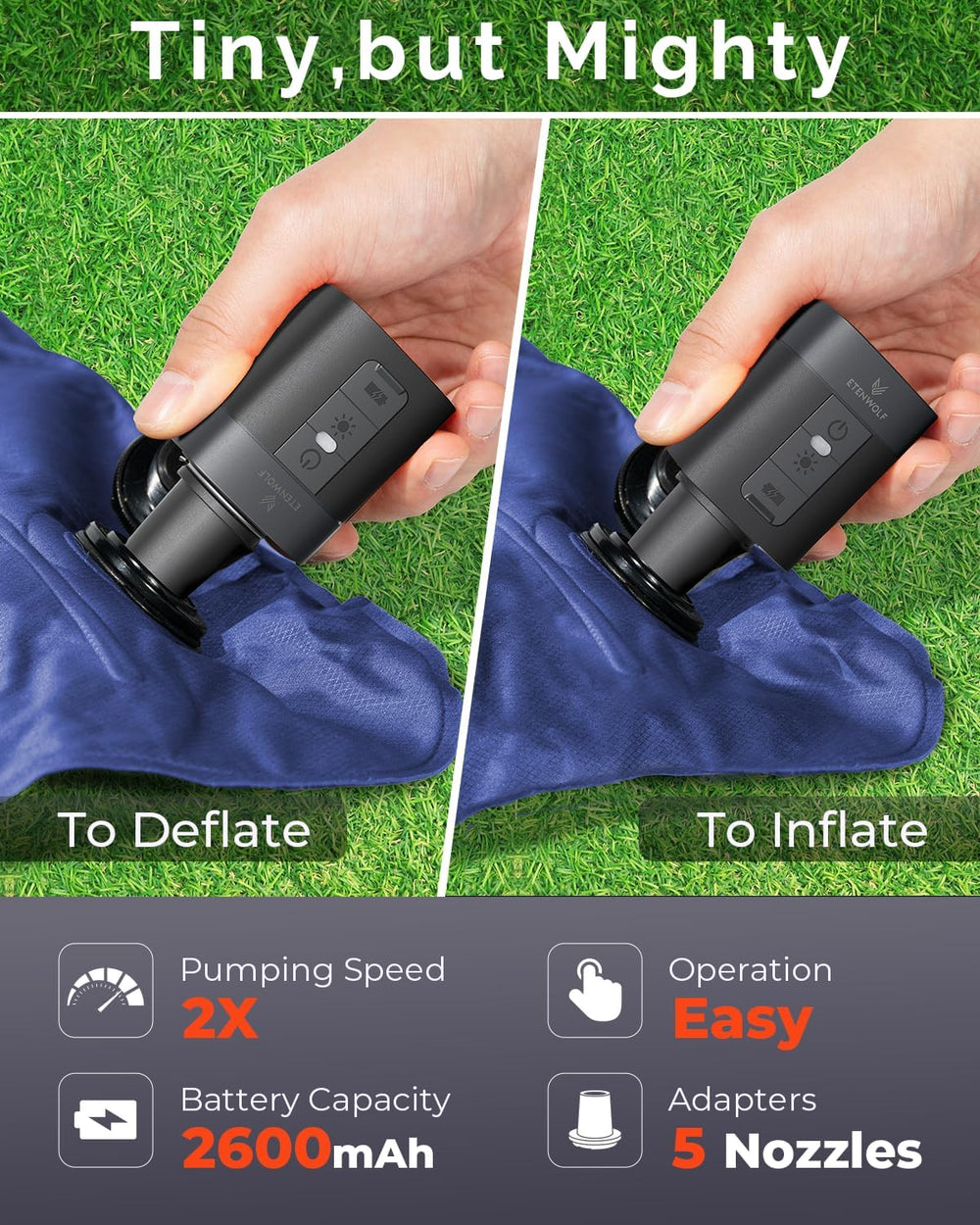 ETENWOLF AIR 3 Air Pump for Inflatables with 2600mAh Battery& Camping Light