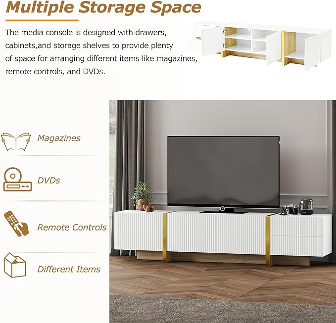 Ball & Cast Luxury Fluted TV Stand with Storage Cabinets for TVs up to 80", Modern Entertainment Center w/2 Drawers & Golden Wood Grain Leg, Media Console for Living Room,Bedroom,White
