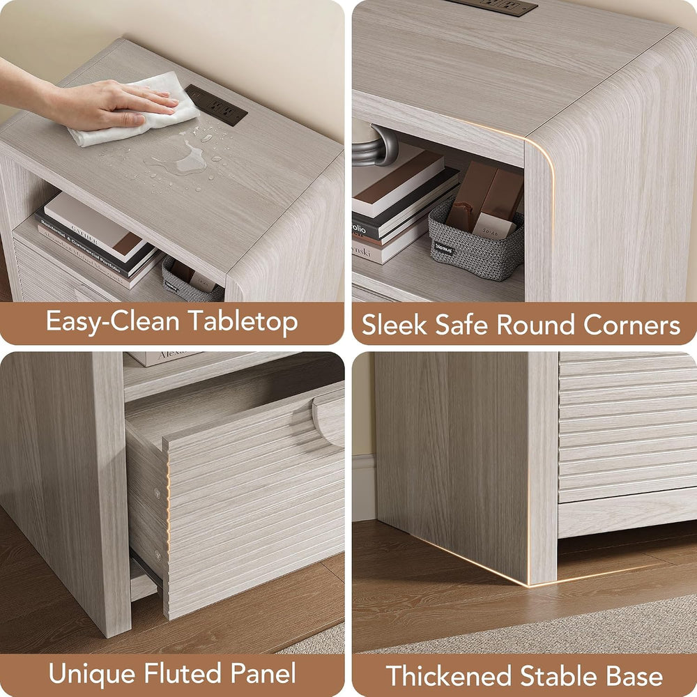 Fluted Nightstands Set of 2 with Charging Station, 23" Wide Wood Bedside...