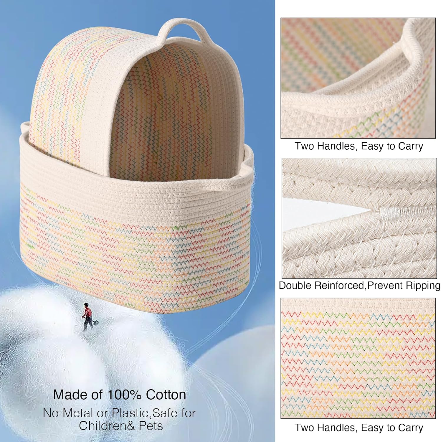 DUHEL Cotton Rope Woven Storage Basket, Used for Baby Hamper Toy Organizer, Gift Baskets Empty,Kids Laundry Basket,Baby Blanket Basket. Size 15x10x8.7 Inches. (White&Colored Stitching-3Pcs)