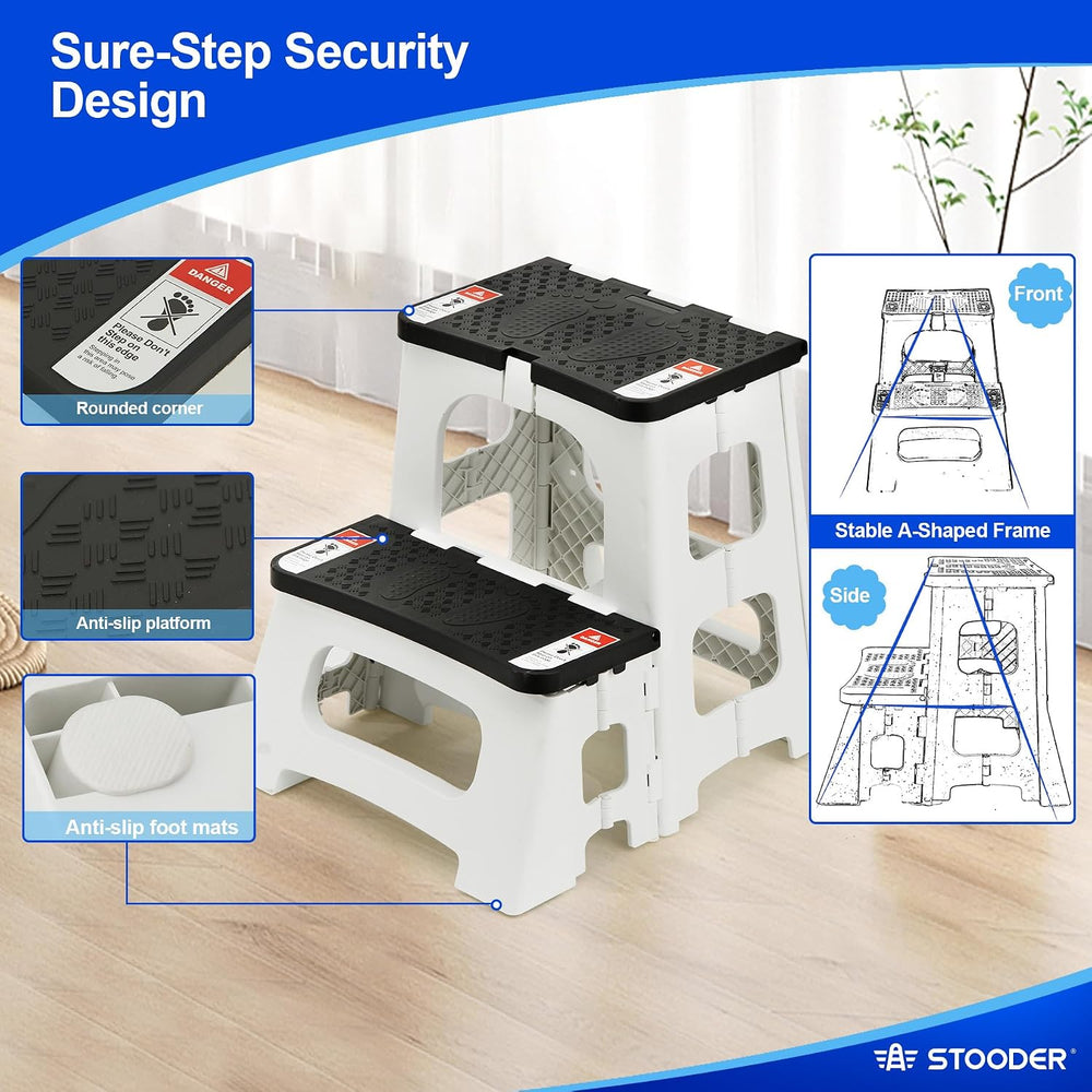 Folding Step Stool, 2-Step 8" 17", Non-Slip, 300lb Capacity | No As...