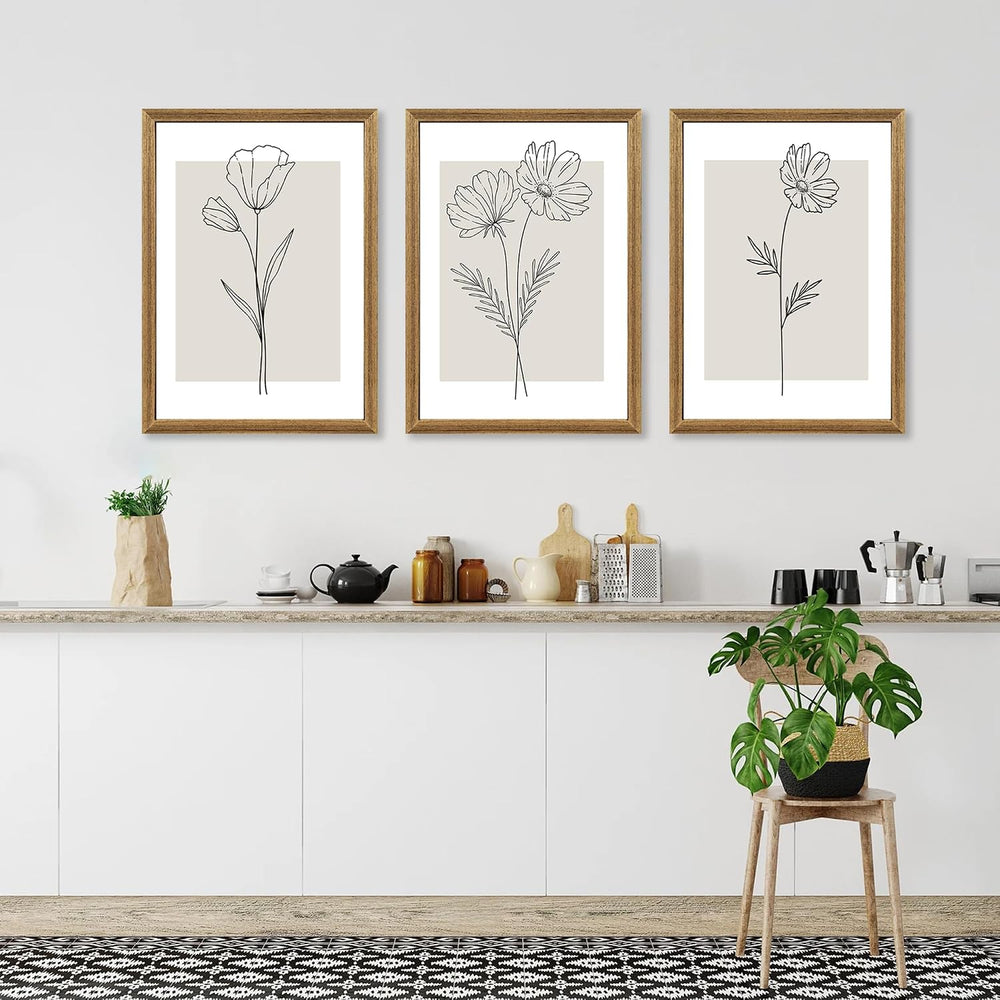 ICHZUMW Framed Black and White Neutral Floral Canvas Wall Art, 3pc 16x24 In