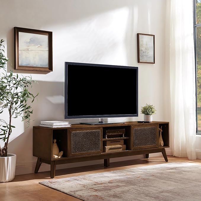 LKTART 68 Inch Mid Century Modern TV Stands with Rattan Doors,MCM Entertainment Center Media Console for 60/65/70/75 inch TVS,Long Boho Television Stand for Living Room, Dark Walnut