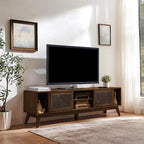 LKTART 68 Inch Mid Century Modern TV Stands with Rattan Doors,MCM Entertainment Center Media Console for 60/65/70/75 inch TVS,Long Boho Television Stand for Living Room, Dark Walnut