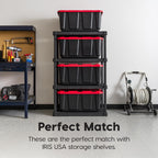 IRIS USA 27 Gallon Heavy Duty Truck Bed Toolbox Storage Tote Bins with Lids, 4 Pack - Made in USA, Tough Snap On Lockable Lid Stackable Industrial Tubs, Garage Organization Reusable Box - Red