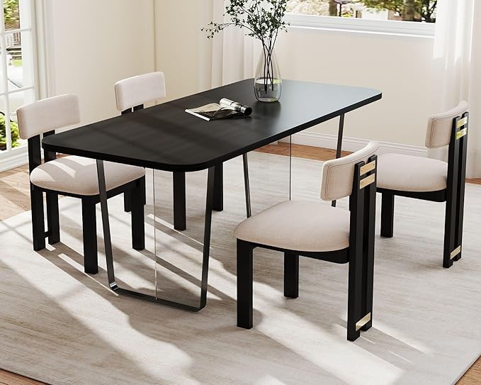 HNY Modern Farmhouse Linen Dining Chairs Set of 2, Beige Fabric Upholstered Dining Room Kitchen Chairs with Black Wood Frame & Curved-Back, Armless Accent Wood Chairs for Dining Living Room