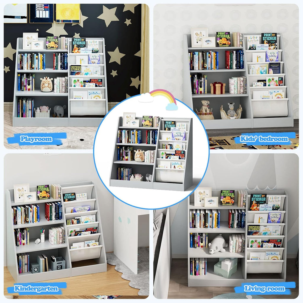 Gray 4 Tier Kids Wooden Bookshelf,Five Layer Sling Toddler Front Facing Bookcase,Baby Kids Storage Book Rack,Book and Toy Organizer Cabinet,Child Book Display Playroom Nursery Bedroom