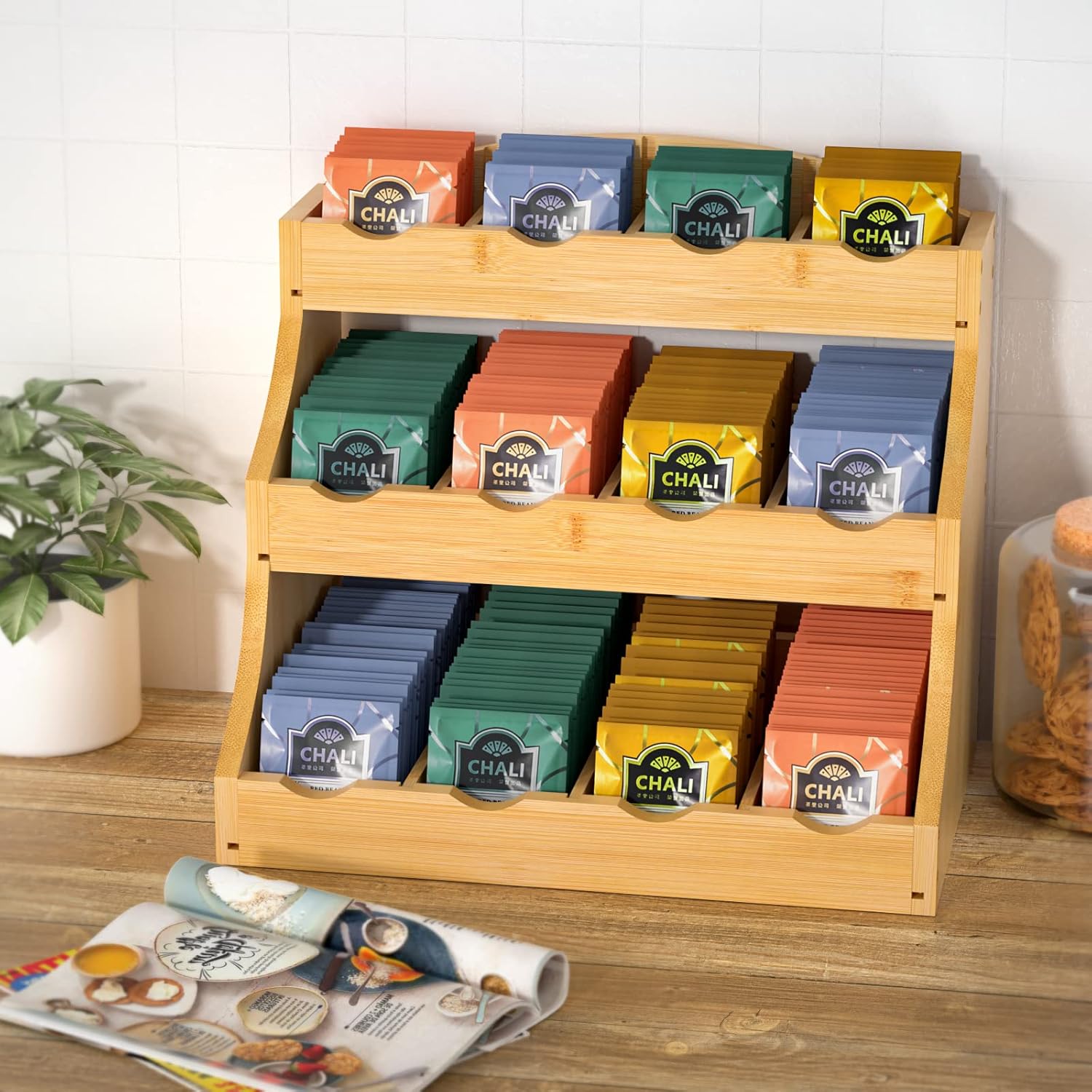 Bamboo Tea Bag Organizer, 3 Tier Vertical Tea Organizer, Tea Holder For Kitchen Island, Coffee Shop Or Office, Tea Storage With 12 Adjustable Partitions (Self-Assembly)