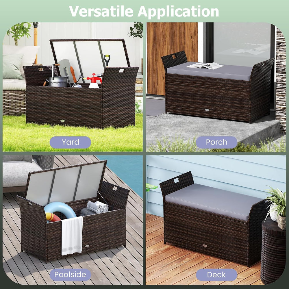 RELAX4LIFE Wicker Outdoor Storage Bench - 68 Gallon Rattan Deck Box w/Side Ha...