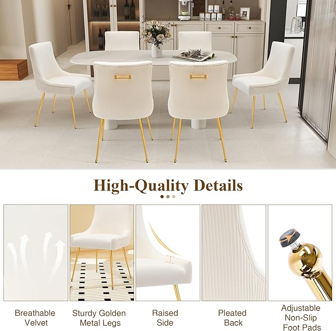 Velvet Dining Chairs Set of 4, Modern Upholstered Kitchen Chair with Pull Handle & Pleated Back, Mid Century Accent Chair with Gold Metal Legs for Vanity,Dining,Kitchen,Living Room, Beige