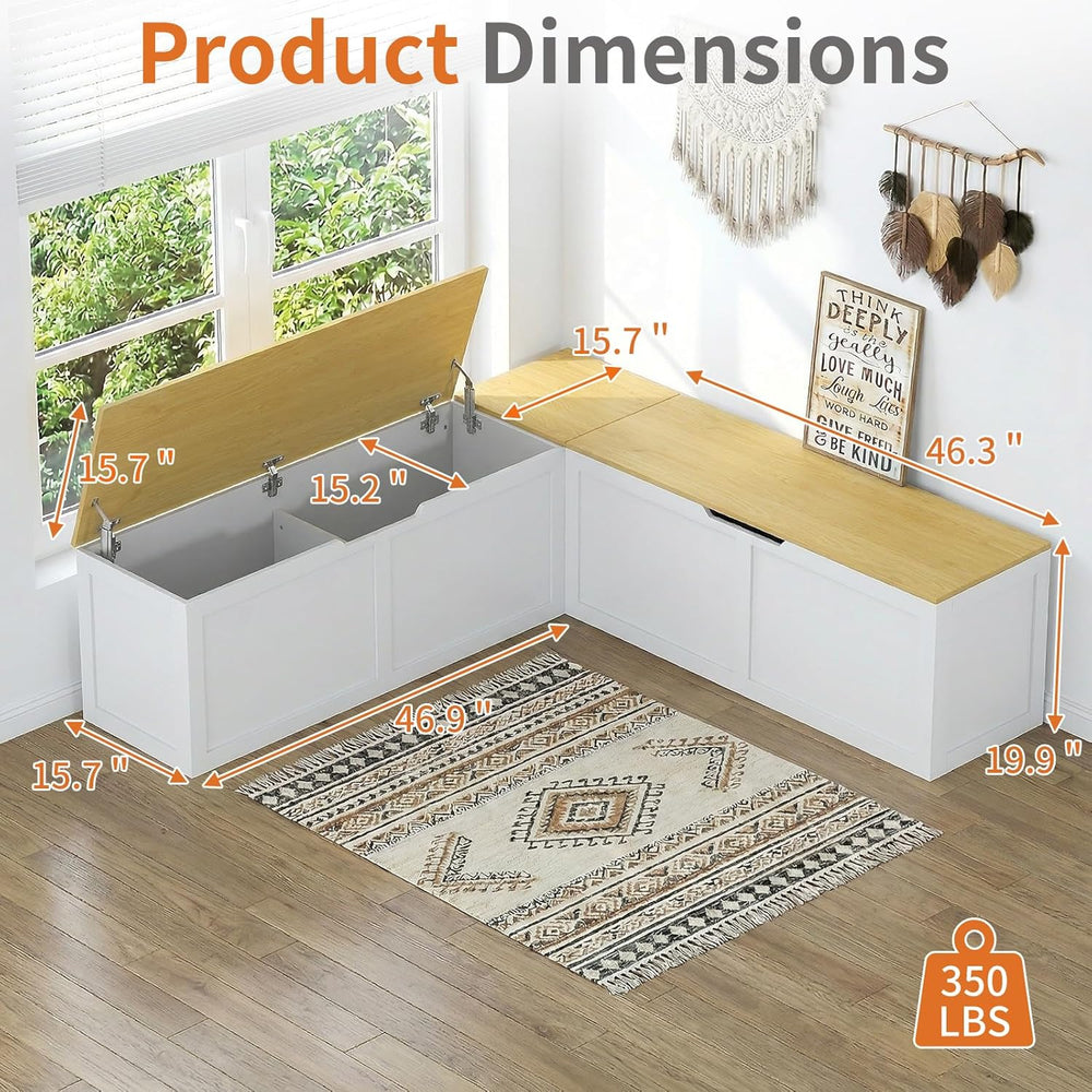 Zevemomo 63" L Shaped Storage Bench, White Breakfast Nook Benches, Corne...