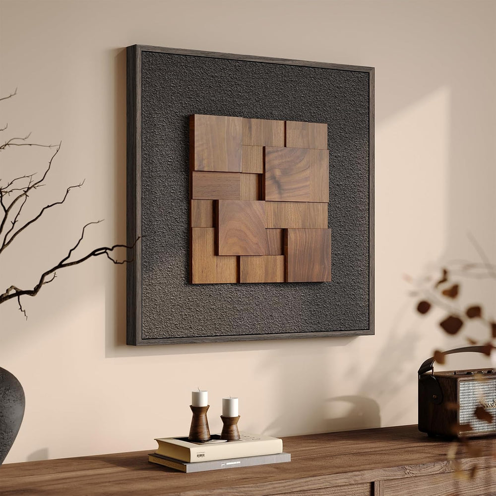 Framed 3D Textured Wood Wall Art for Living Room, Modern Minimalist 24x24
