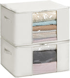 TYEERS Large Storage Bags with Zipper and Clear Window, Cotton Blended Fabric Storage Containers for Seasonal Clothes and Bedding, 23.6x15.7x13.8 Inches, 2-Pack, Beige