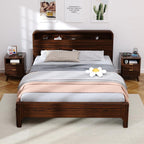 Nightstand with Charging Station, Fluted Nightstand with LED Lights, Modern Rustic Side Table with 2 Storage Drawers, Wooden End Table for Bedroom, Walnut 2pcs