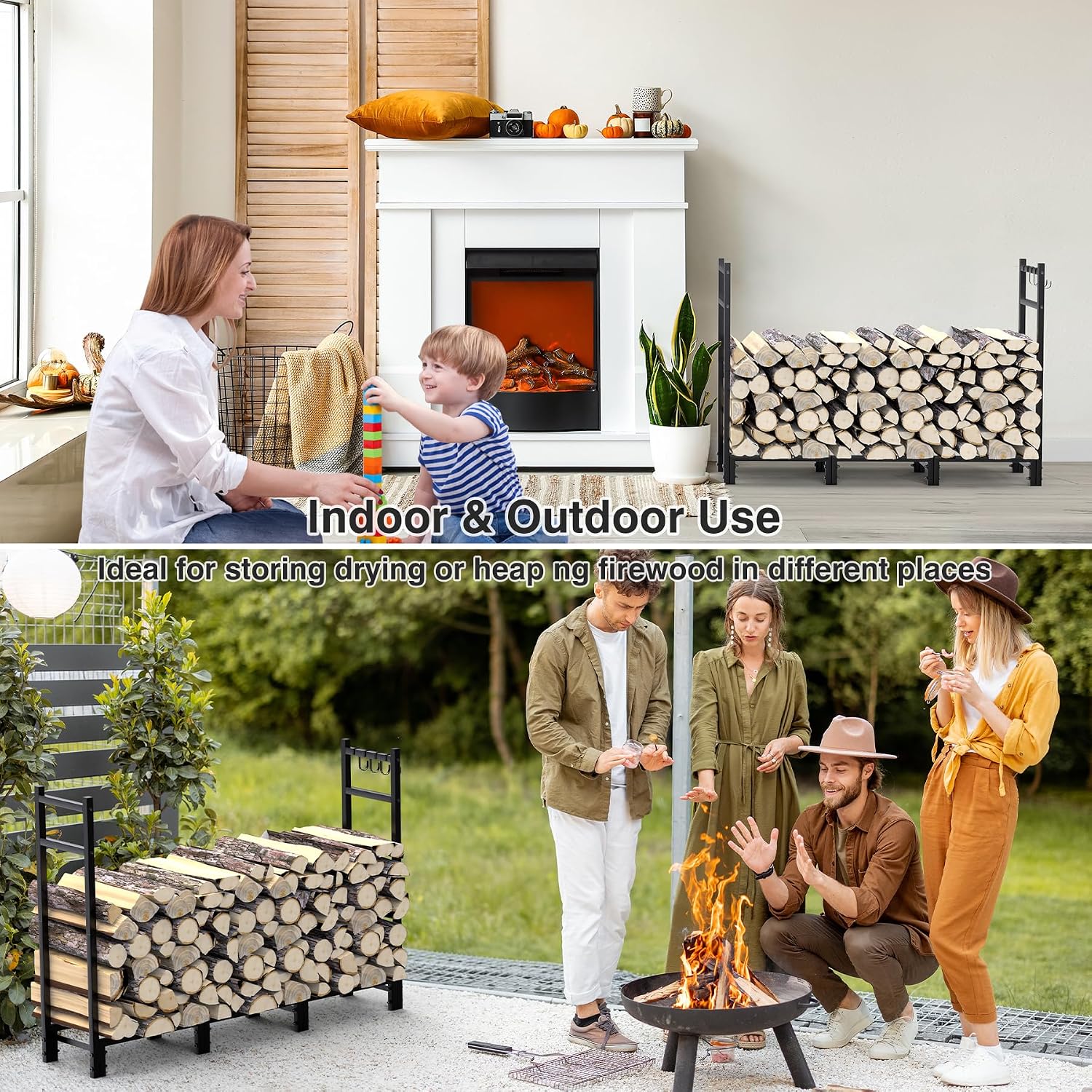 Firewood Rack Outdoor, 44.7" x 9.8" x 31.5", Black | Adjustable Wood Holder, 4 Hooks, Heavy Duty Log Rack, Indoor/Outdoor Firewood Storage