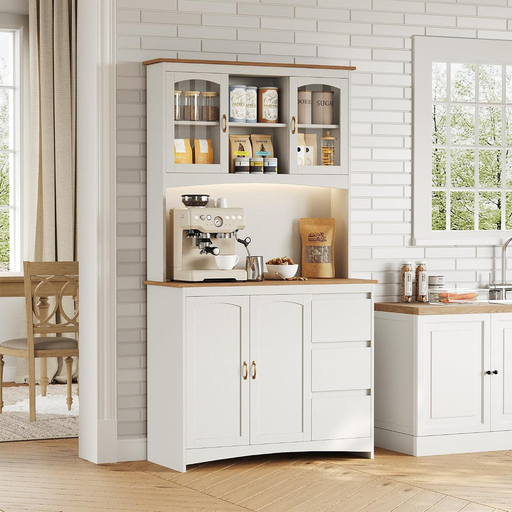 71" Tall Kitchen Pantry Cabinet with LED Lights & Charging Station |...