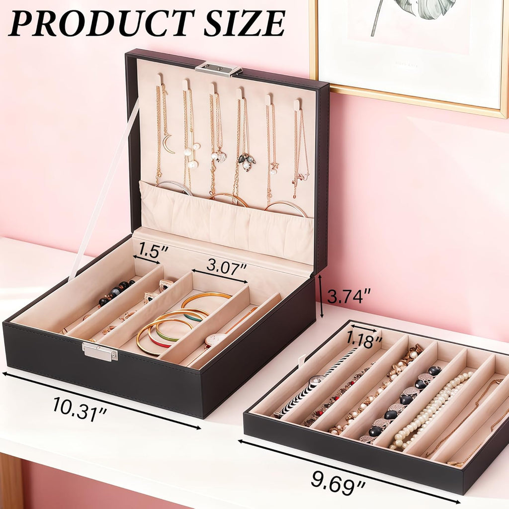BEWISHOME Jewelry Box Organizer, 2-Layer Necklace Organizer Box, Modern Style Necklace And Bracelet Storage Case, Necklace Case for Women, Girls (Black SSH31B)