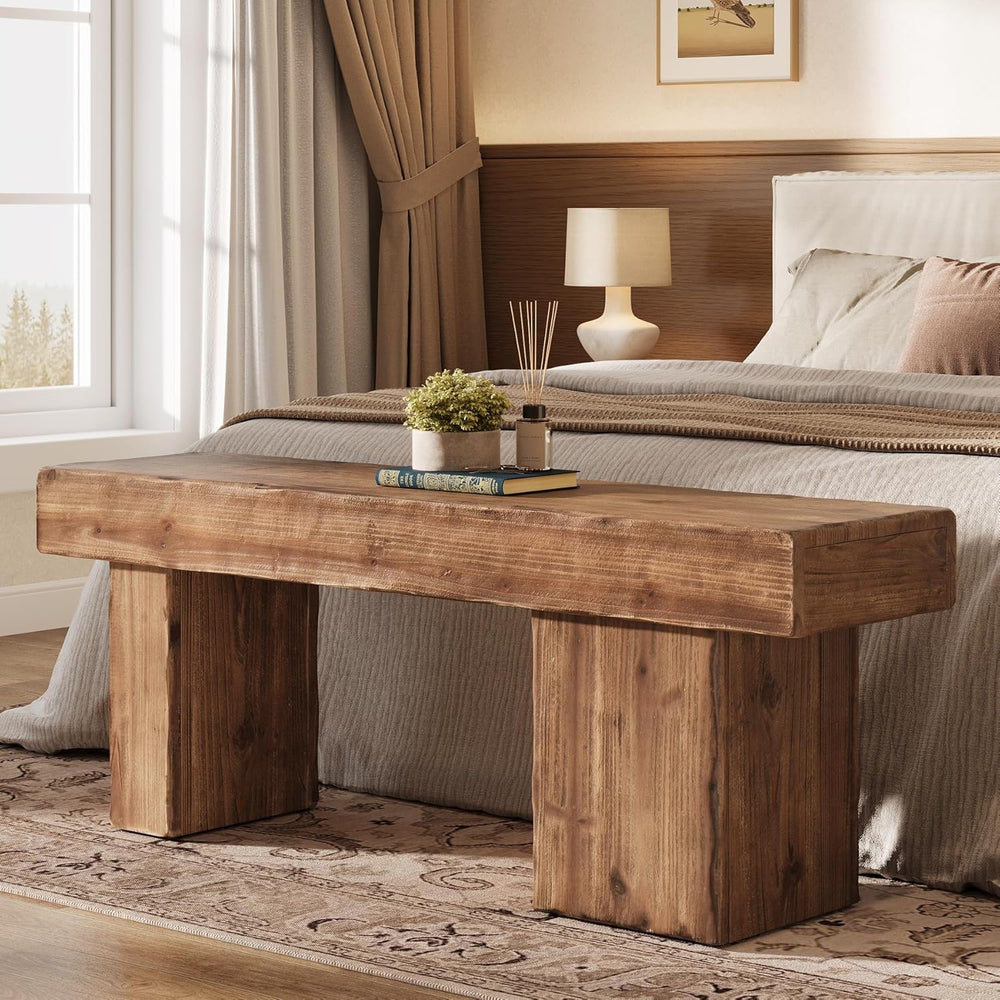 Solid Wood Bench, 47” Farmhouse Entryway Bench with Thickened Seat & Arti...