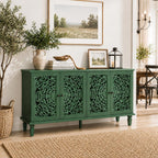 Green Sideboard Cabinet with Carved Doors, Green Buffet Cabinet, Vintage Cabinet with Storage Shelves, Farmhouse Storage Cabinet for Dining Room, Living Room & Entryway