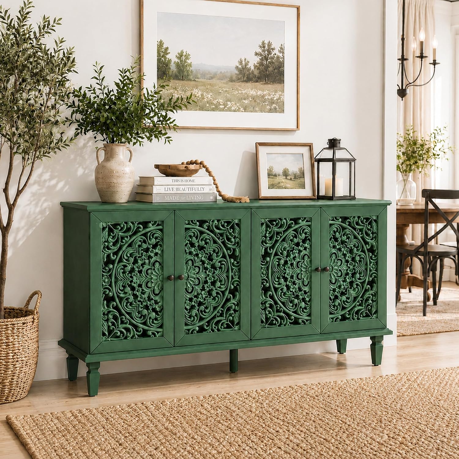 Green Sideboard Cabinet with Carved Doors, Green Buffet Cabinet, Vintage Cabinet with Storage Shelves, Farmhouse Storage Cabinet for Dining Room, Living Room & Entryway