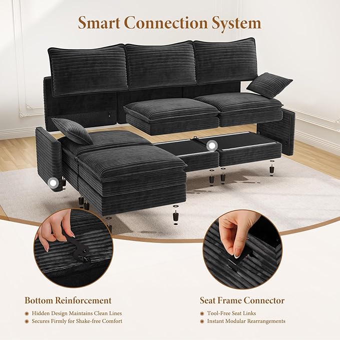 Vesgantti 142" Cloud Couch Sectional Modular Sofa, Comfy Sectional Couch with Ottoman Deep Seat Corduroy L Shaped Sofa, Modular Couches for Living Room, Bedroom and Apartment, Gray