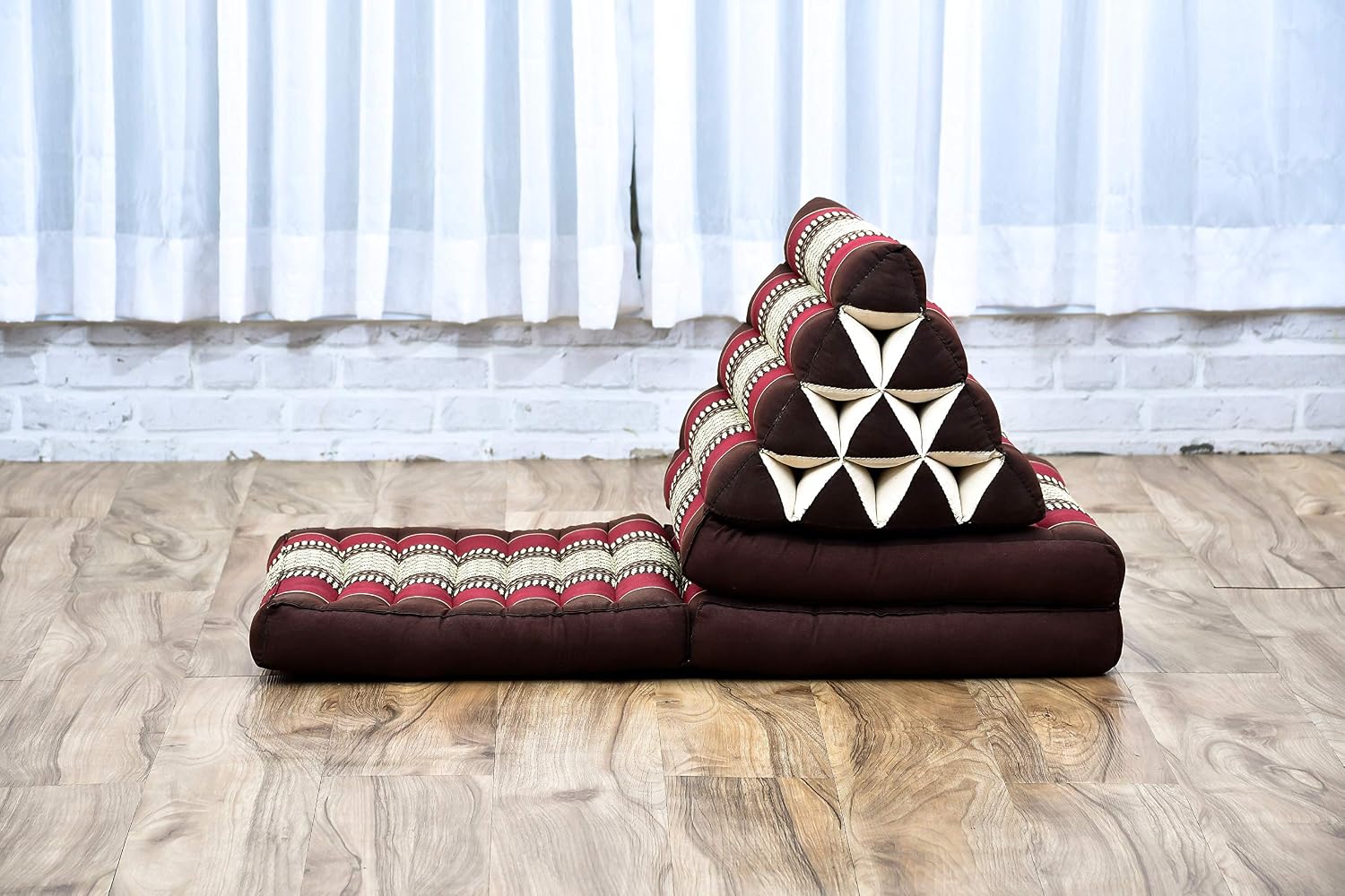 Leewadee - Comfortable Japanese Floor Mattress Used As Thai Floor Bed with Triangle Cushion, Futon Mattress Or Thai Massage Mat, 67 x 21 inches, Brown Red | Floor & lounge cushion for relaxing, reading & TV - for meditation & yoga, firm & stable